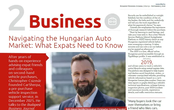 Budapest Business Journal Article 2026 carsherpa car inspection check services budapest hungary