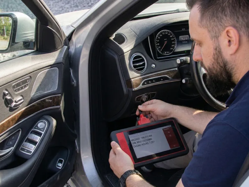 CarSherpa professional diagnostic scanner checking the real electronic mileage of an imported used car in Hungary to prevent odometer rollback scams.