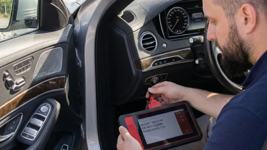 CarSherpa professional diagnostic scanner checking the real electronic mileage of an imported used car in Hungary to prevent odometer rollback scams.