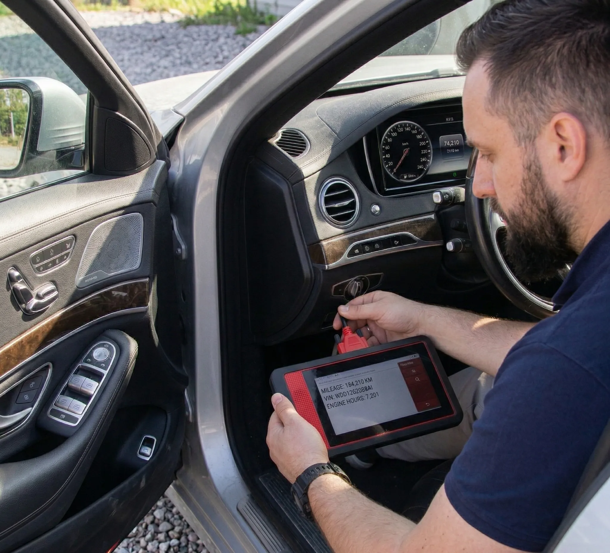 CarSherpa professional diagnostic scanner checking the real electronic mileage of an imported used car in Hungary to prevent odometer rollback scams.