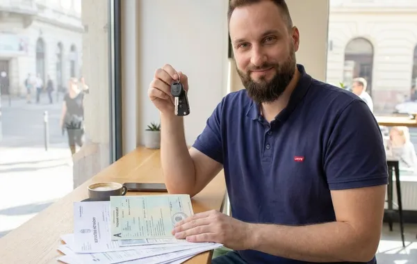 A relieved expat driver holding Hungarian car keys and insurance documents after successfully navigating the KGFB Bonus-Malus system.