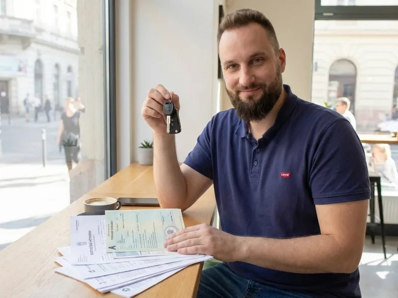 A relieved expat driver holding Hungarian car keys and insurance documents after successfully navigating the KGFB Bonus-Malus system.