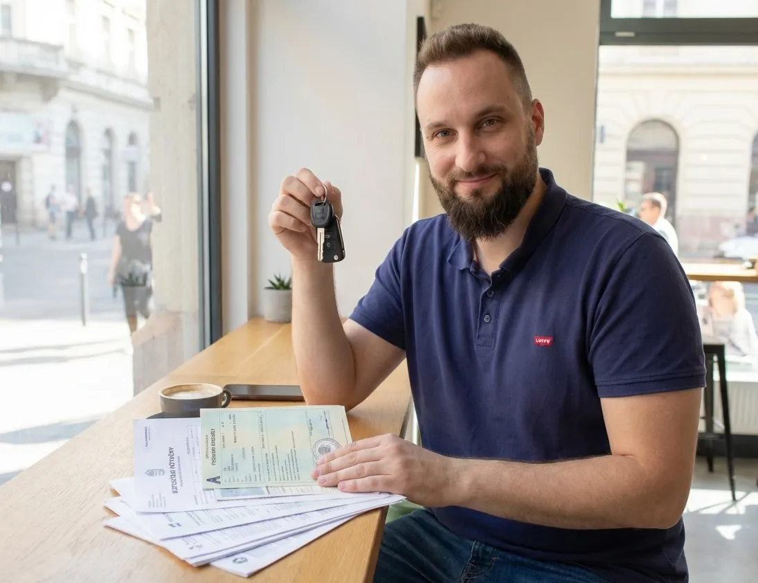 A relieved expat driver holding Hungarian car keys and insurance documents after successfully navigating the KGFB Bonus-Malus system.